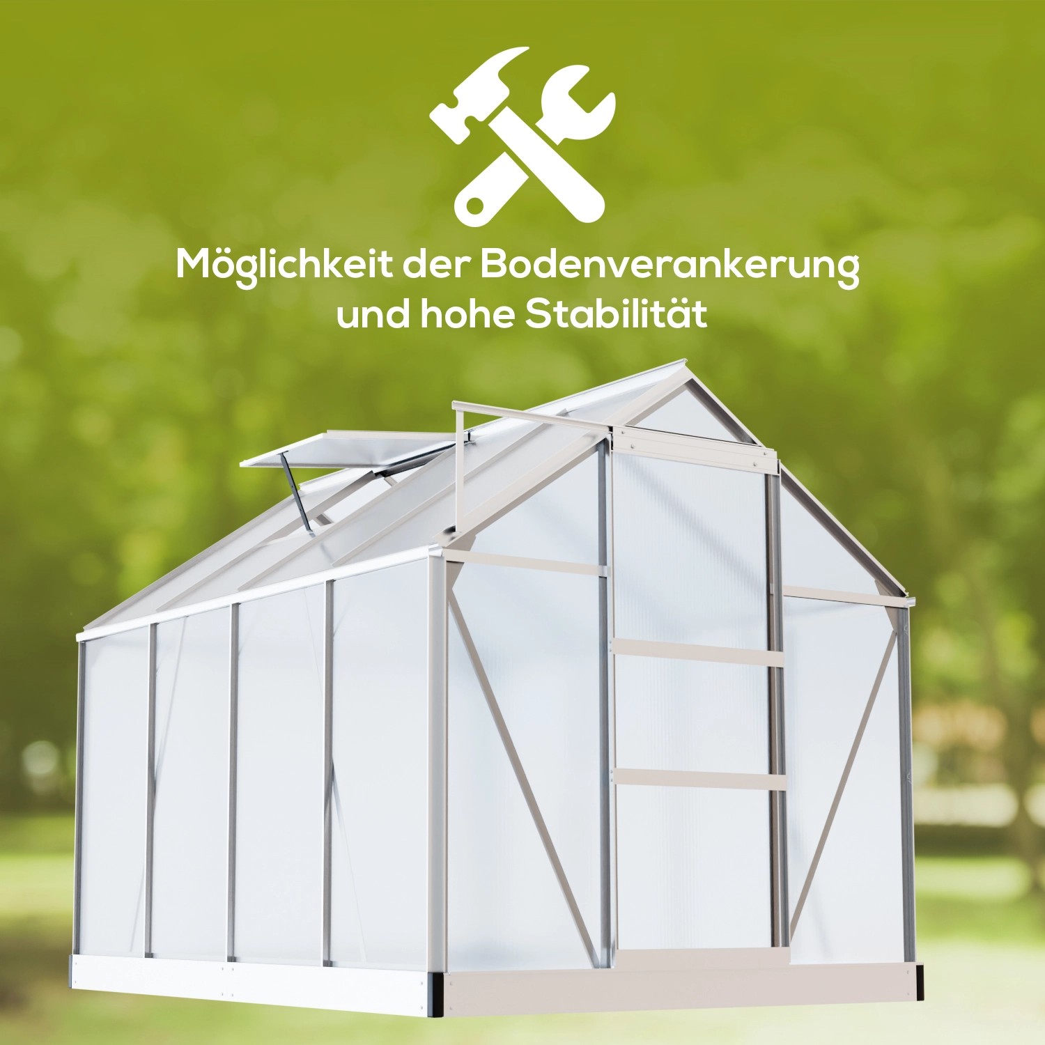 Garmio Gewächshaus Neapel 250x190cm mit Alu-Rahmen, Dachfenstern und Fundament für den Garten.