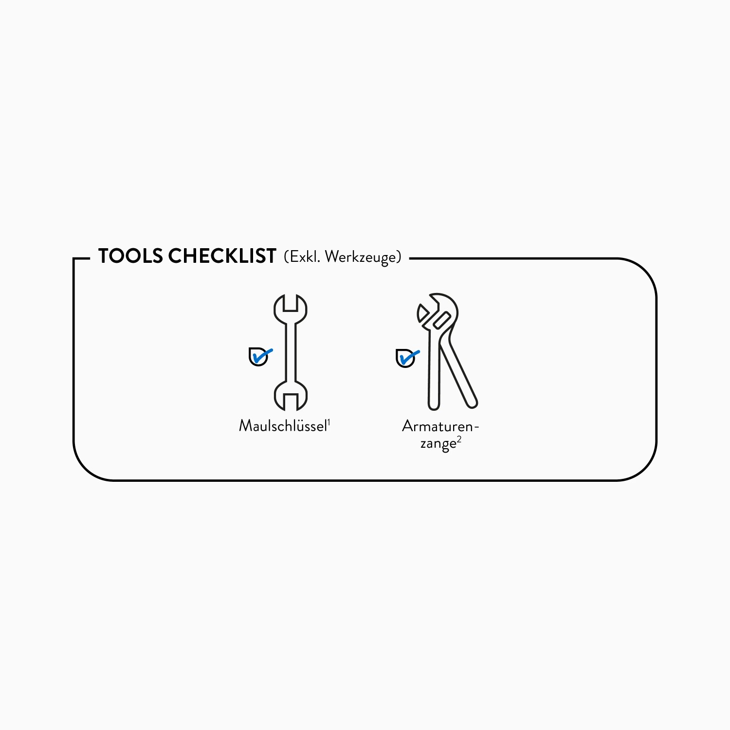 Checkliste Werkzeuge (Maulschlüssel, Armaturenzange) für die Installation der Wannenarmatur.