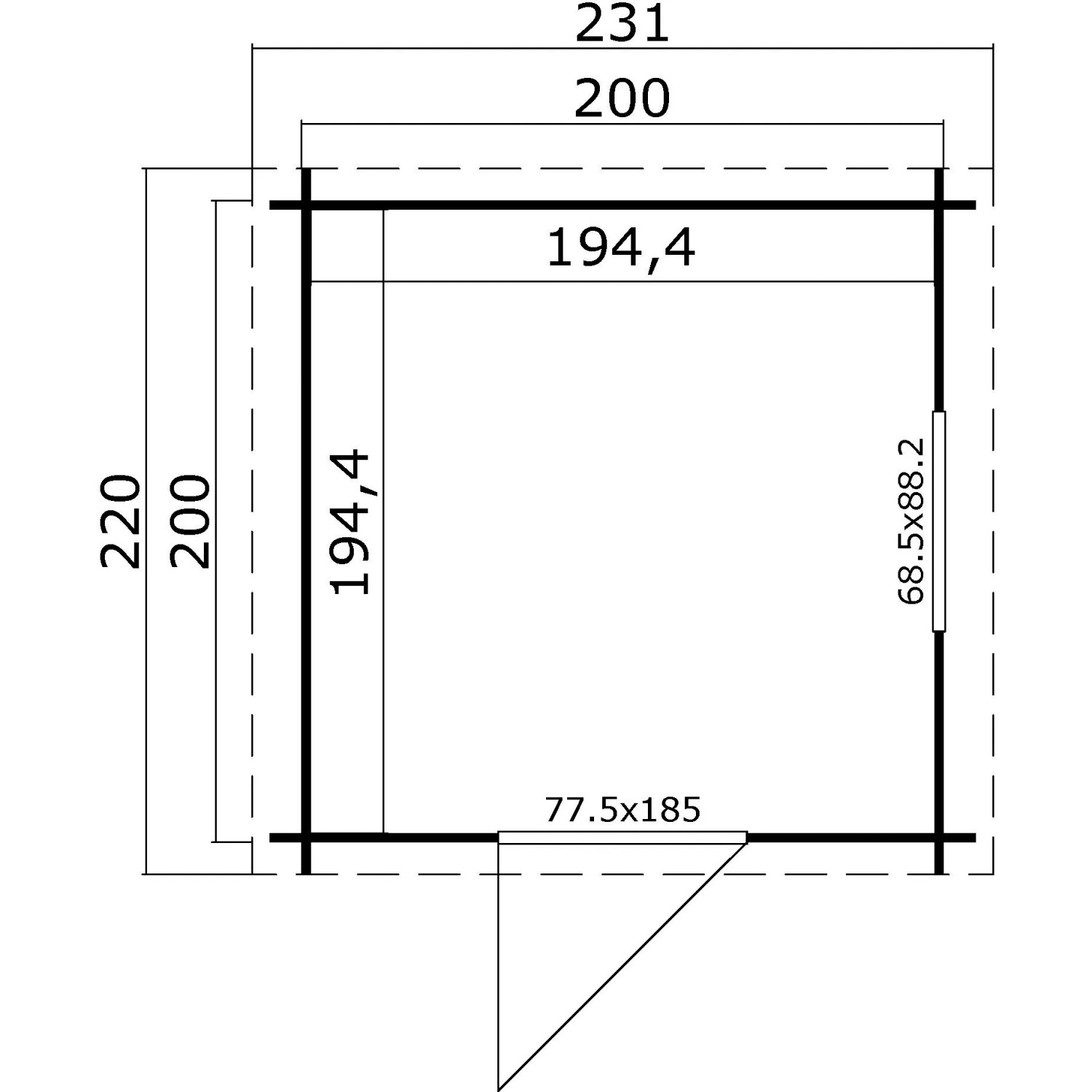 Grundriss Lasita Holz-Gartenhaus Wels 1, 231x220 cm, Carbongrau. Abmessungen und Türposition.