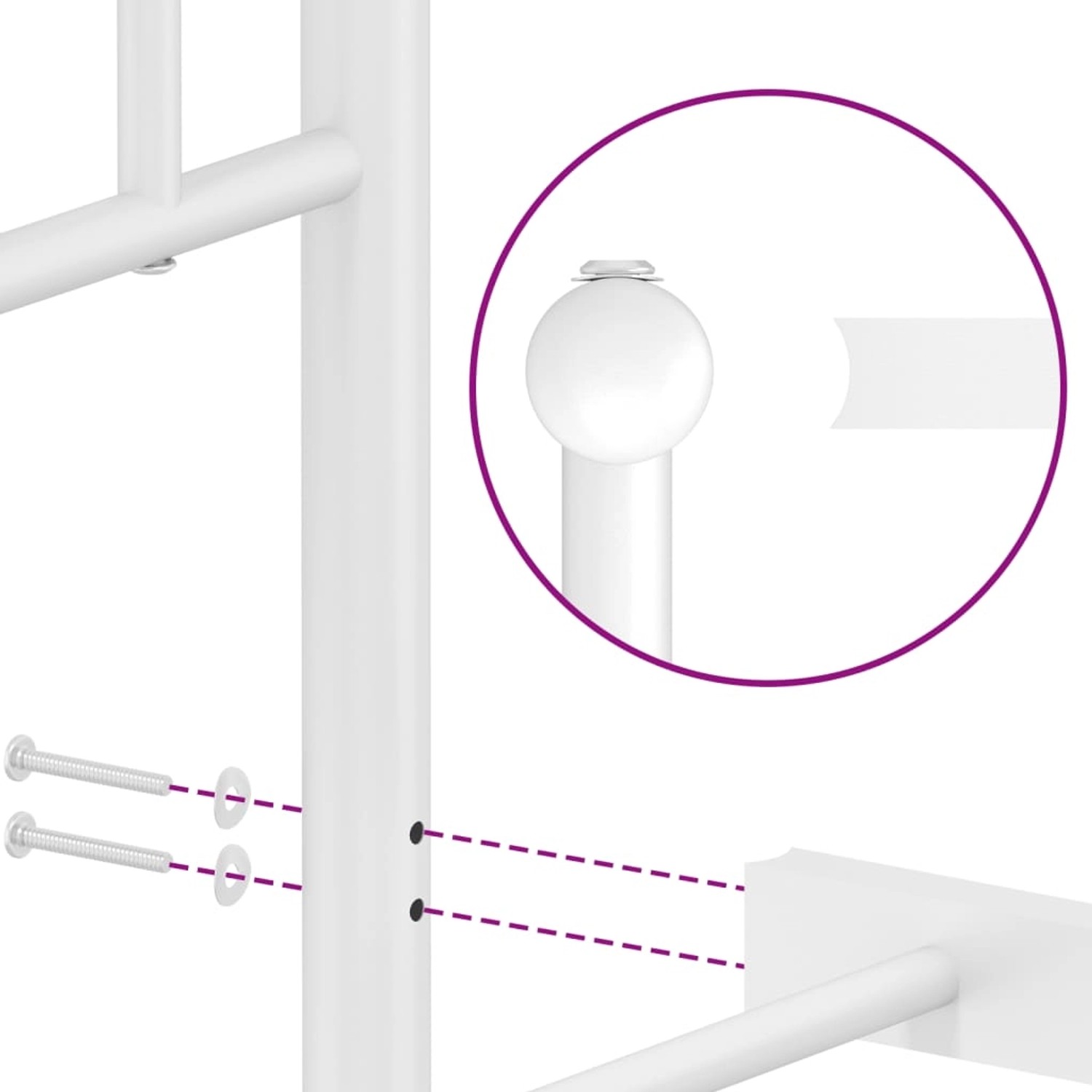 Detailansicht: Weißes Metallbettgestell mit Schrauben und Kopfstück