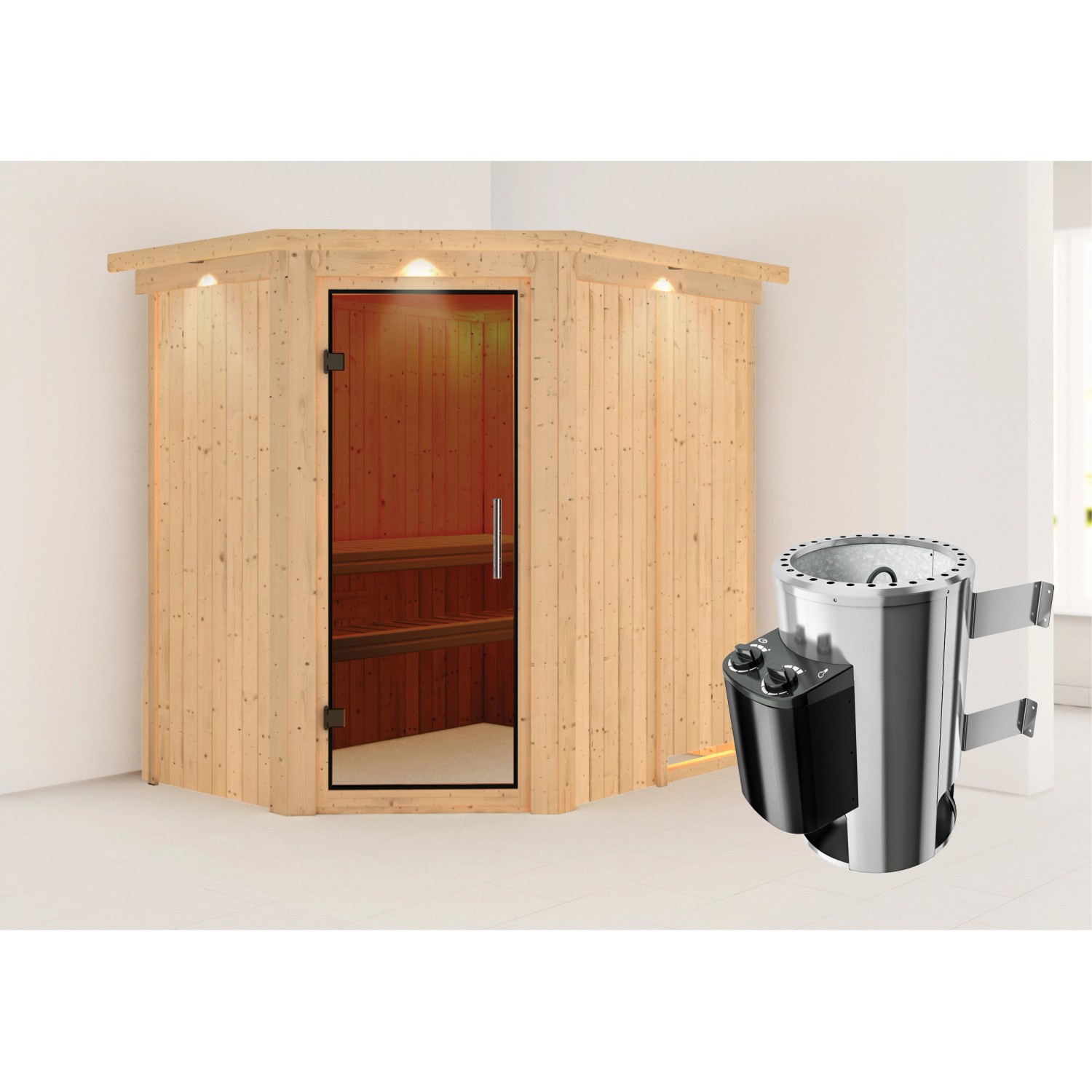 Karibu Sauna Silva mit Ofen integrierte Stg.LED-Dachkranz Natur