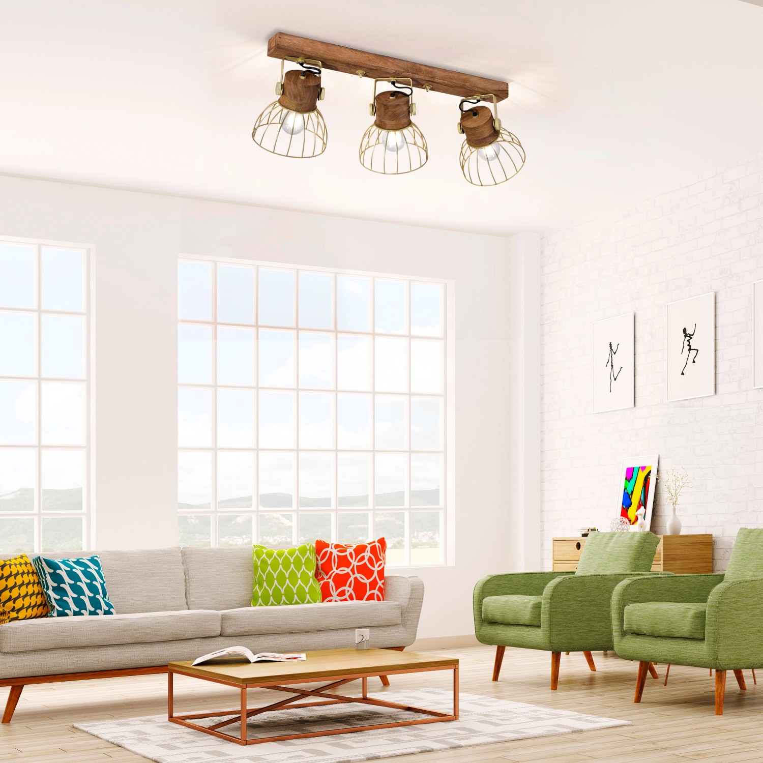 Dreiflammiger Just Light Spot Alami aus Messing matt und Holz, im Industrial Look.