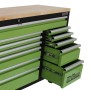 TRUTZHOLM Werkstattwagen Deluxe XXL mit 20 Schubladen, grün, mit Hartholz-Arbeitsplatte und geöffneten Schubladen.