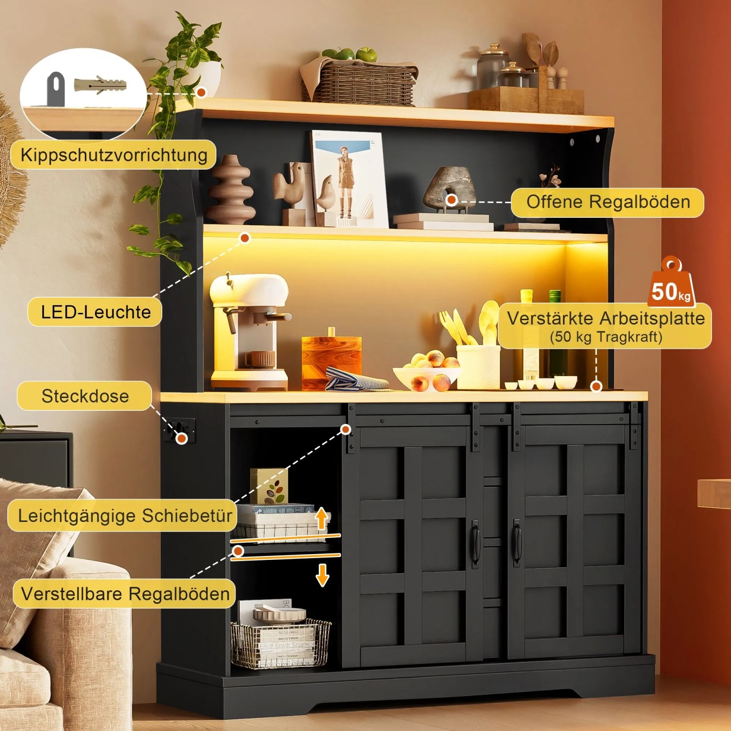 Merax Sideboard 150x120 cm LED Steckdose Weinregal 4 Schubladen Bar_7