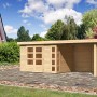 Karibu Holz-Gartenhaus Sölve, unbehandelt mit Flachdach und Anbau.
