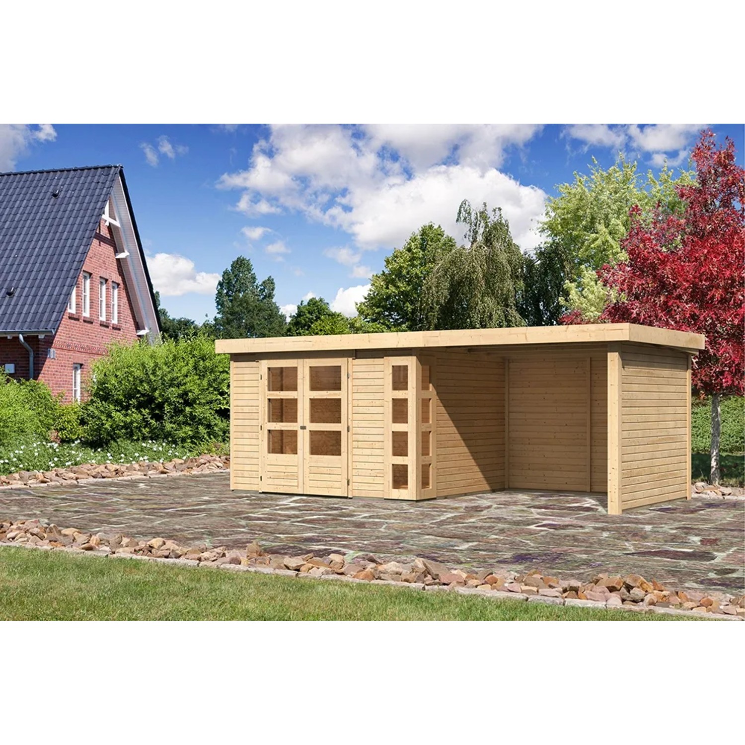 Karibu Holz-Gartenhaus Sölve, unbehandelt mit Flachdach und Anbau.