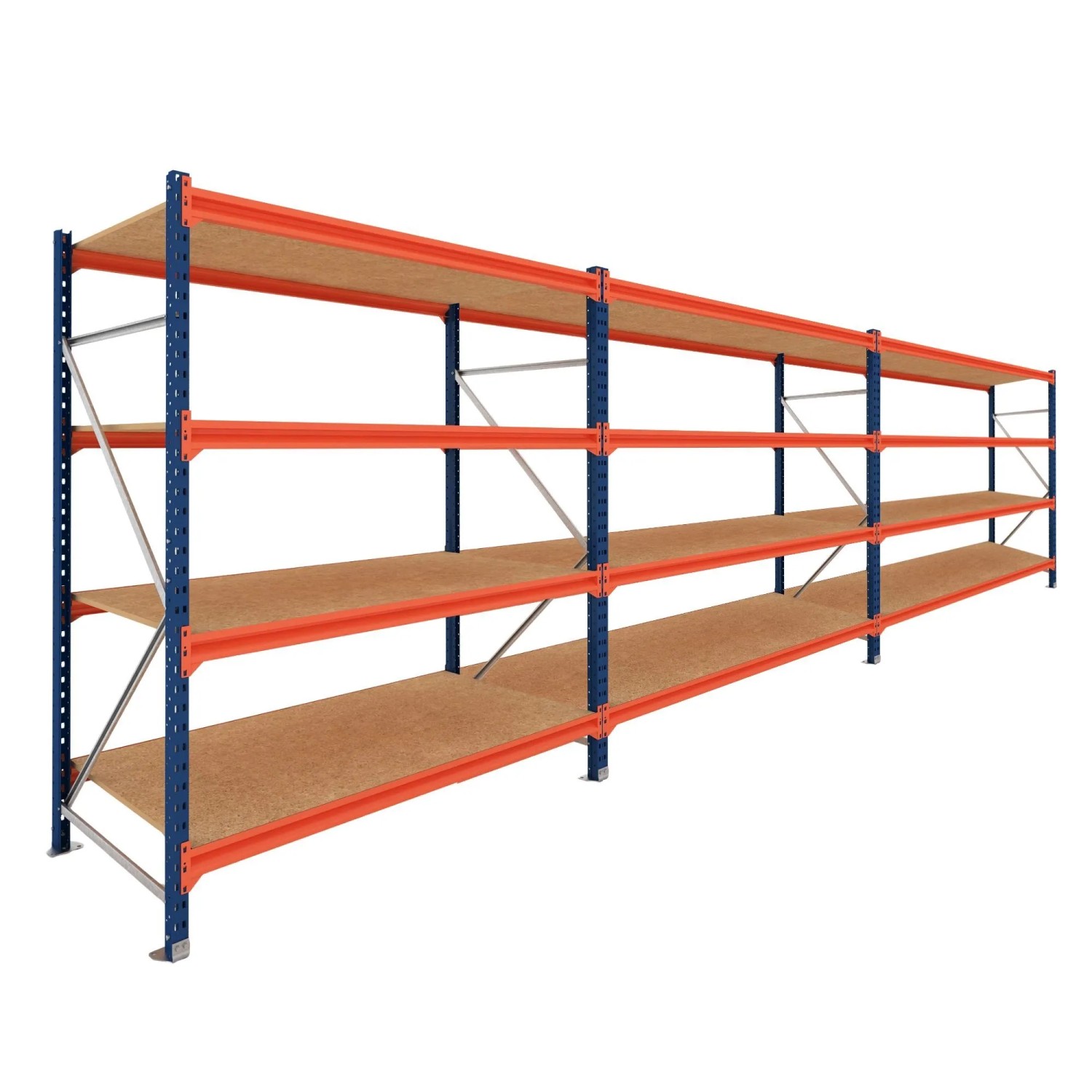 PROREGAL Weitspannregal Schwerlastregal DOMINUS Komplettregal 3 Felder 200x450x40cm 4 Ebenen Spanplatten-Fachboden Fachlast 500 kg Blau/Orange