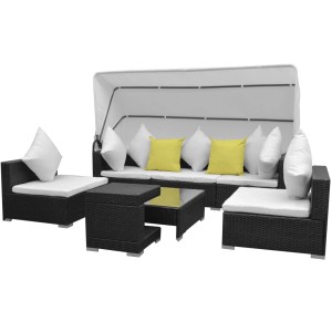 Schwarzes 7-tlg. Garten Lounge Set mit Sonnendach aus Poly Rattan. Inkl. Tisch, Sessel und Kissen.