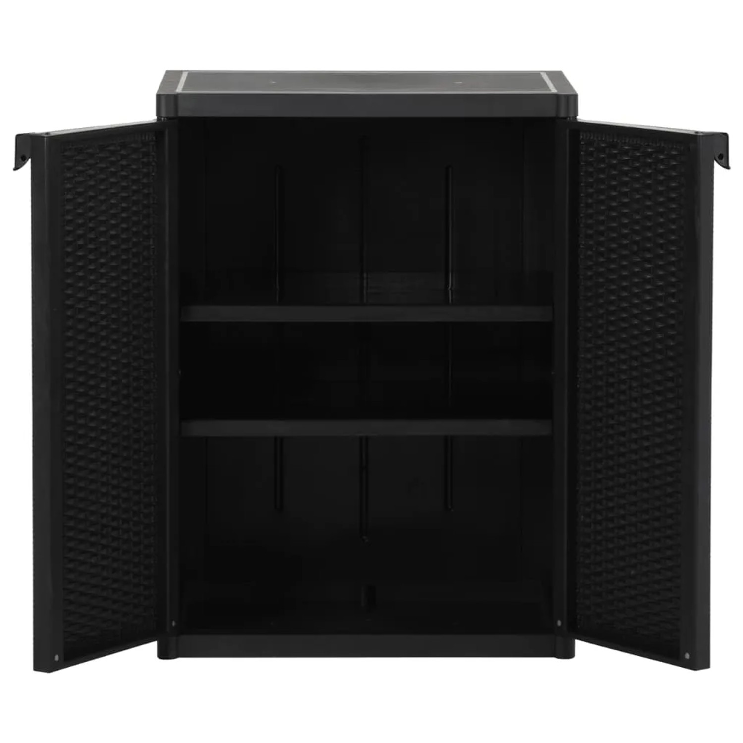 Schwarzer vidaXL Gartenschrank (65x45x88 cm) in Rattan-Optik mit offenen Türen und zwei Ablagen.