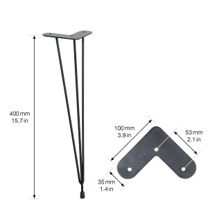 Schwarzes Wagner Design Möbelbein Hairpin Leg Retro, 40 cm hoch, aus Stahl mit Maßen.