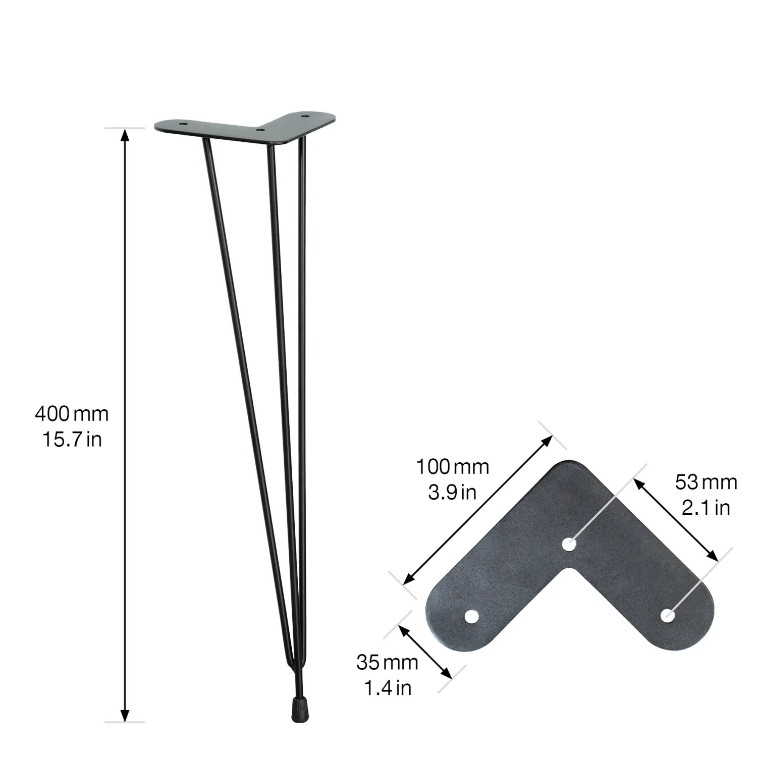 Schwarzes Wagner Design Möbelbein Hairpin Leg Retro, 40 cm hoch, aus Stahl mit Maßen.