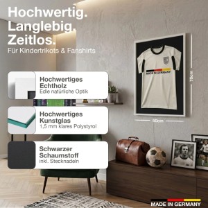 Weißer Echtholz Trikotrahmen 50x70 cm mit Trikot für Kindertrikots und Fan Shirts