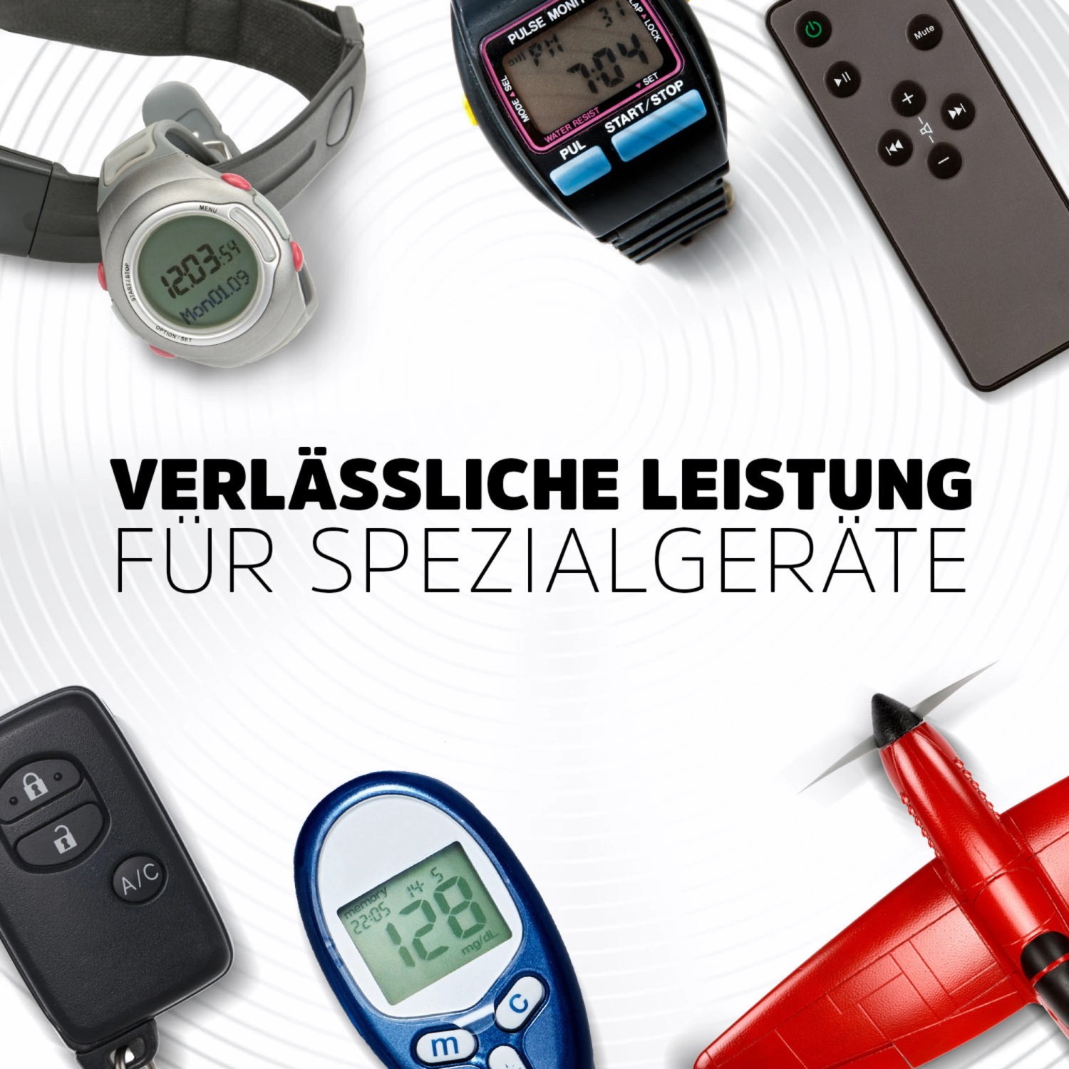 Anwendungsbeispiele für Energizer CR2025 Knopfzellen, z.B. Fernbedienung, Blutzuckermessgerät, Pulsuhr.