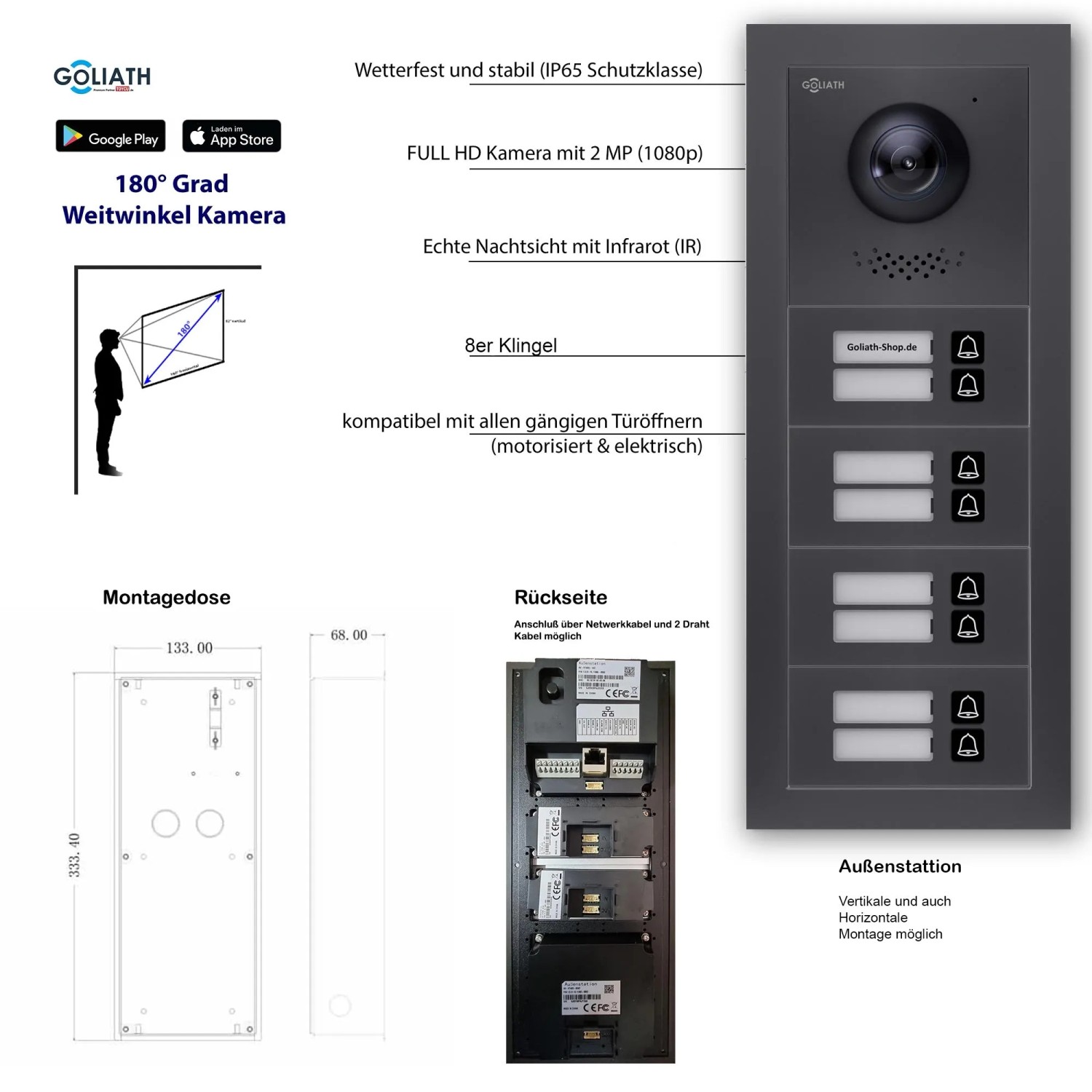 Goliath IP Video Türsprechanlage für 8 Familien in Anthrazit mit 7 Zoll Monitor und App Steuerung.