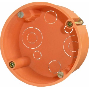 Orange Hohlwanddose Ø 68 mm mit Spreizkrallen und Ausbrechöffnungen für Kabel und Rohre.