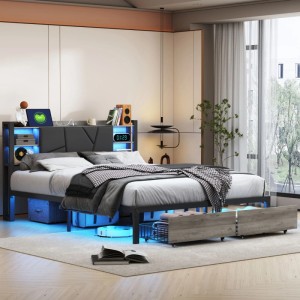Schwarzes Eisenholzbett 160x200 mit Schubladen, USB-Ladefunktion und LED-Beleuchtung.
