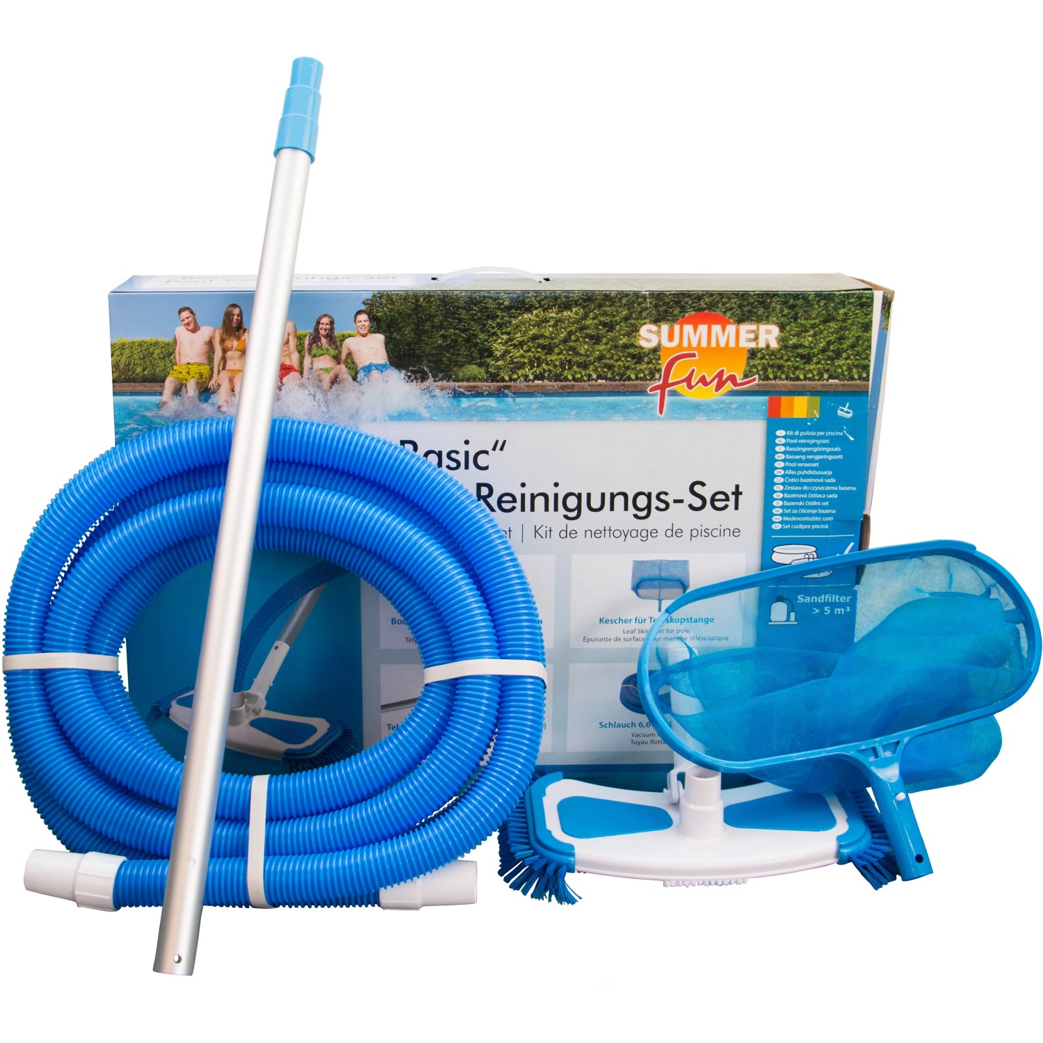 Summerfun Basic Pool Reinigungsset mit Schlauch, Kescher, Bürste und Teleskopstange.