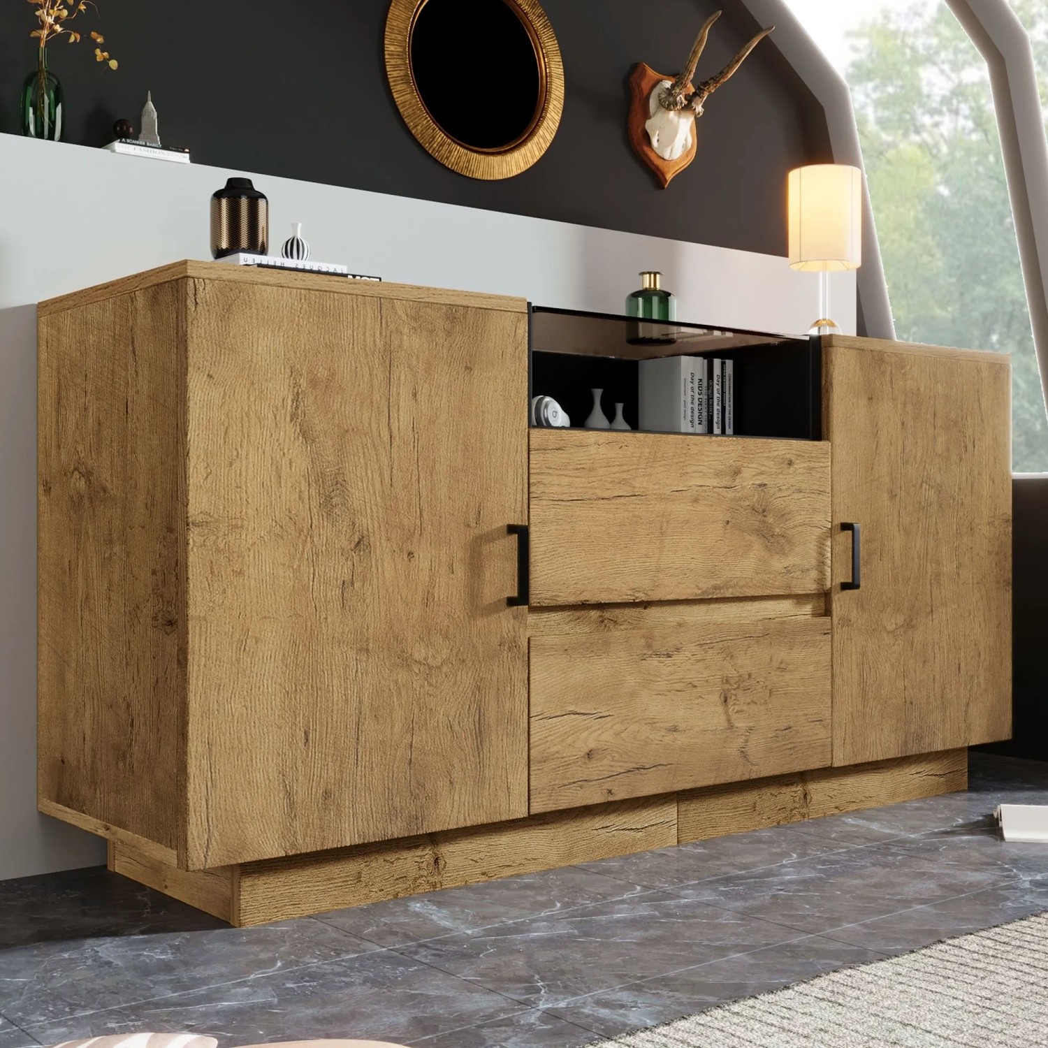 Merax Sideboard Eiche mit 2 Schubladen, Türen, Glasablage und schwarzen Griffen. Moderner Wohnzimmerschrank.