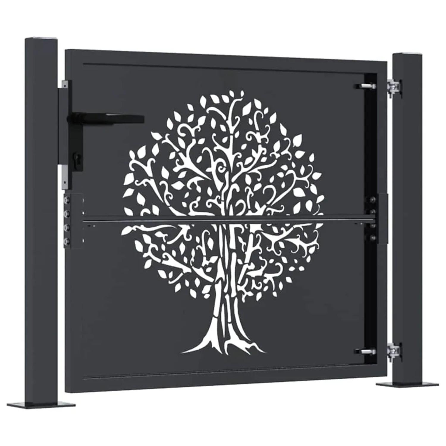 Anthrazitfarbenes Gartentor aus Stahl mit weißem lasergeschnittenem Baum-Design, 110x105 cm, für Garten.