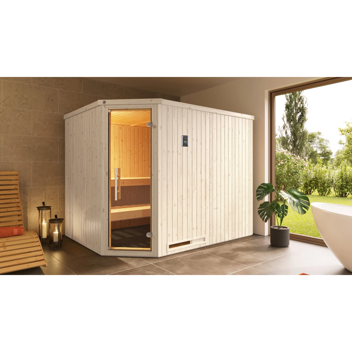 Weka Elementsauna Varberg Trend 4 Weiß Sparset 9 kW BioS Glastür günstig online kaufen