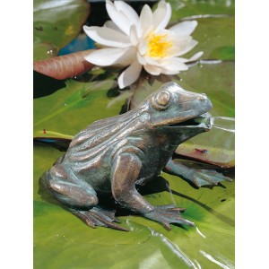 Bronze Frosch als Wasserspeier für den Gartenteich, 11x16x13cm. Teichdeko mit Wasserlilie.
