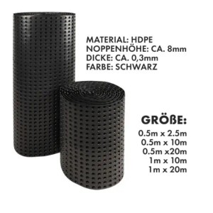 Schwarze KARAT Noppenfolie für Bau und Garten, 50x1000cm, aus robustem Polyethylen.