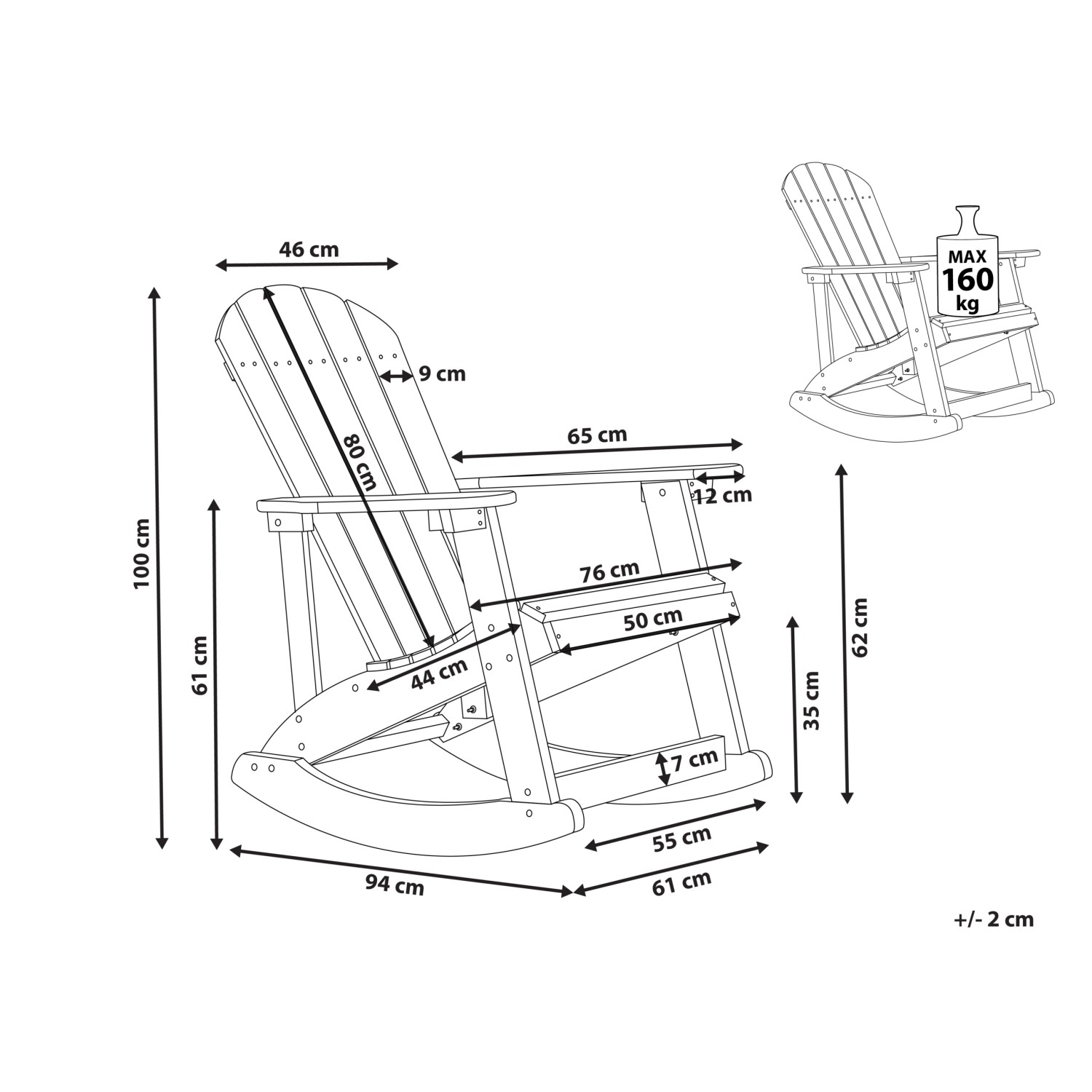 Beliani Schaukelstuhl Grau, Gartenstuhl mit Maßangaben