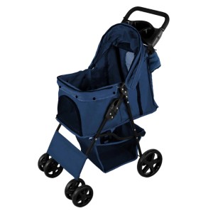 Marineblauer Haustierwagen mit Regenschutz und Tasche für Hunde bis 15kg.