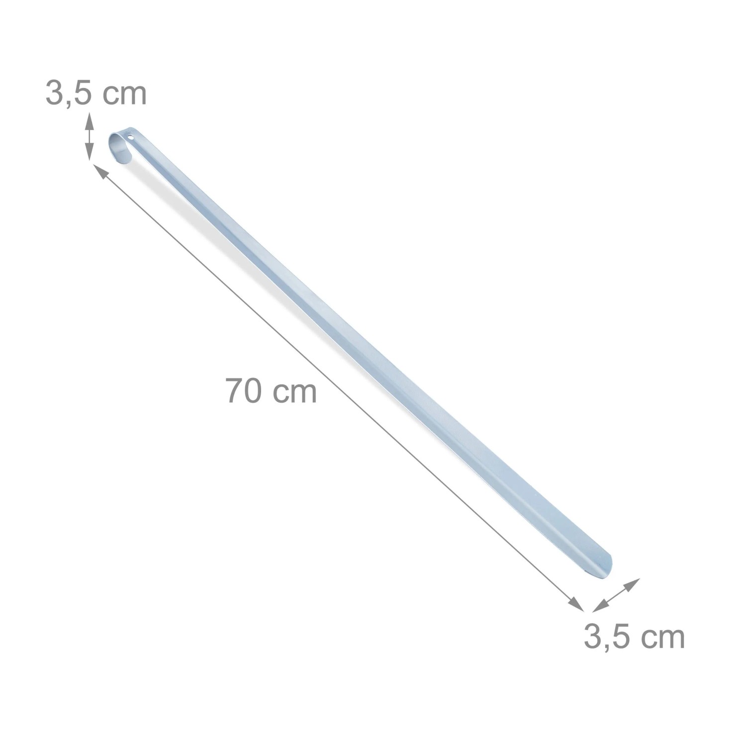 Langer, silberner Schuhlöffel aus rostfreiem Eisen, 70 cm. Gebogener Griff für bequemes Schuhe anziehen ohne Bücken.