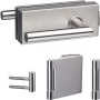 Beschlag-Set für Glasdrehtüren, Edelstahl gebürstet, mit Schlosskasten, Drückerpaar und Bändern.