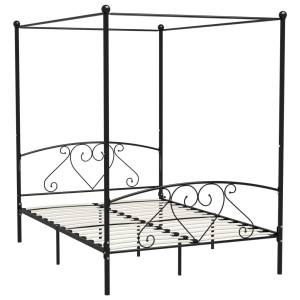 Schwarzes vidaXL Himmelbett-Gestell aus Metall, 160x200 cm, mit Lattenrost.