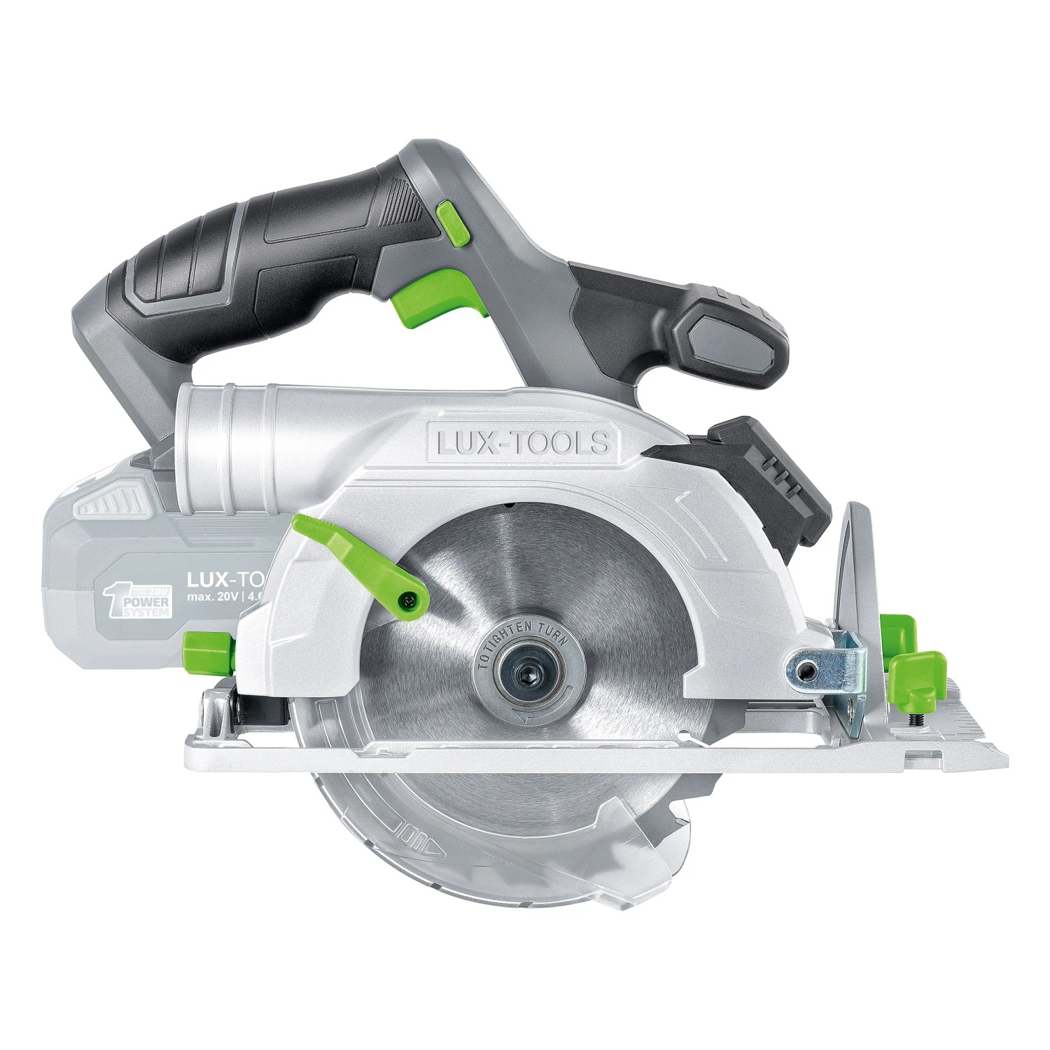LUX-TOOLS Akku-Handkreissäge A-KS-20/150 1 PowerSystem, Akku-Kreissäge in Grau/Weiß mit grünem Akzent.