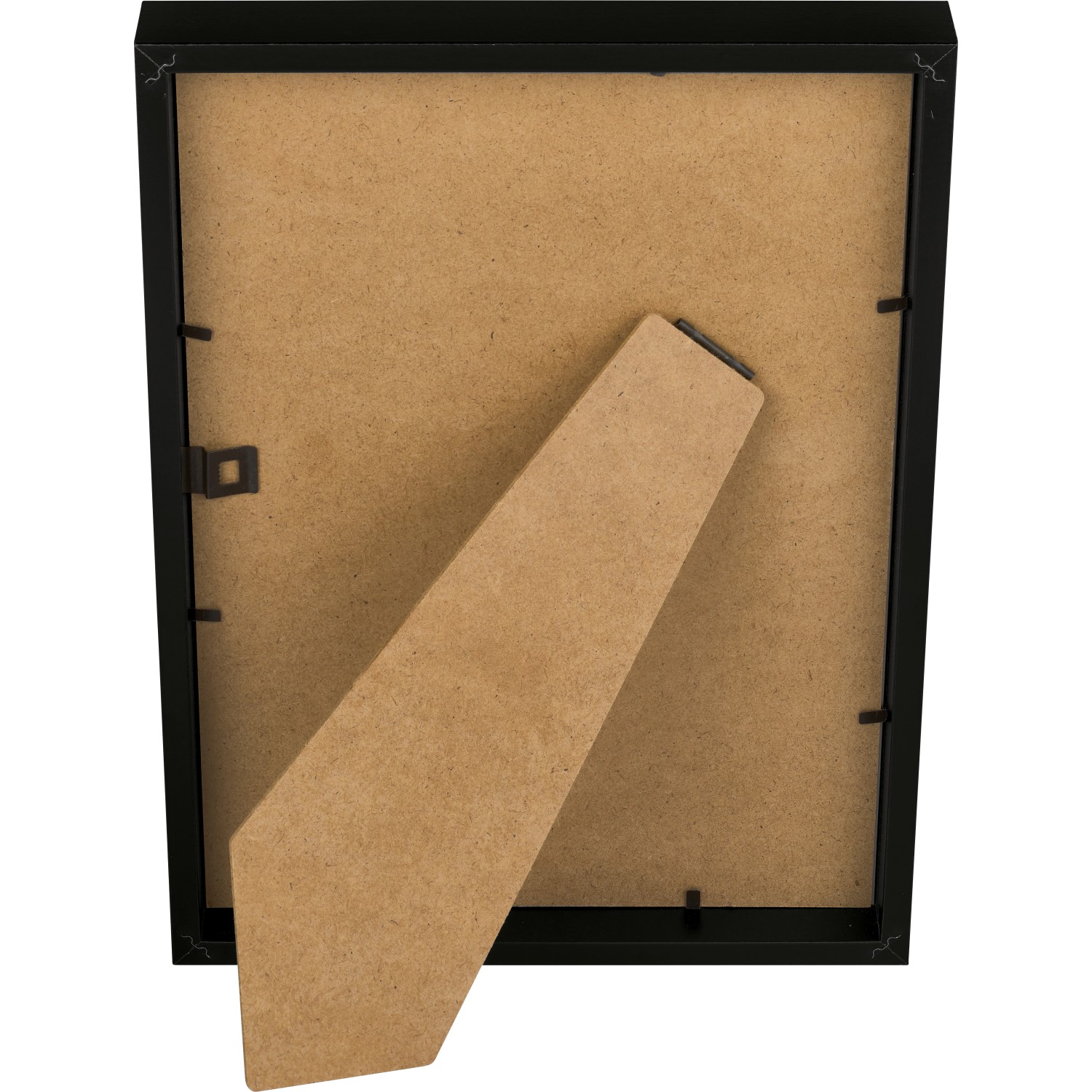 Rückseite eines schwarzen MDF-Bilderrahmens (21x29,7 cm) mit Aufsteller.