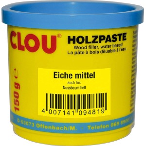 Clou Holzpaste, wasserverdünnbar, Farbton Eiche Mittel, 150g Dose für Holzreparaturen.