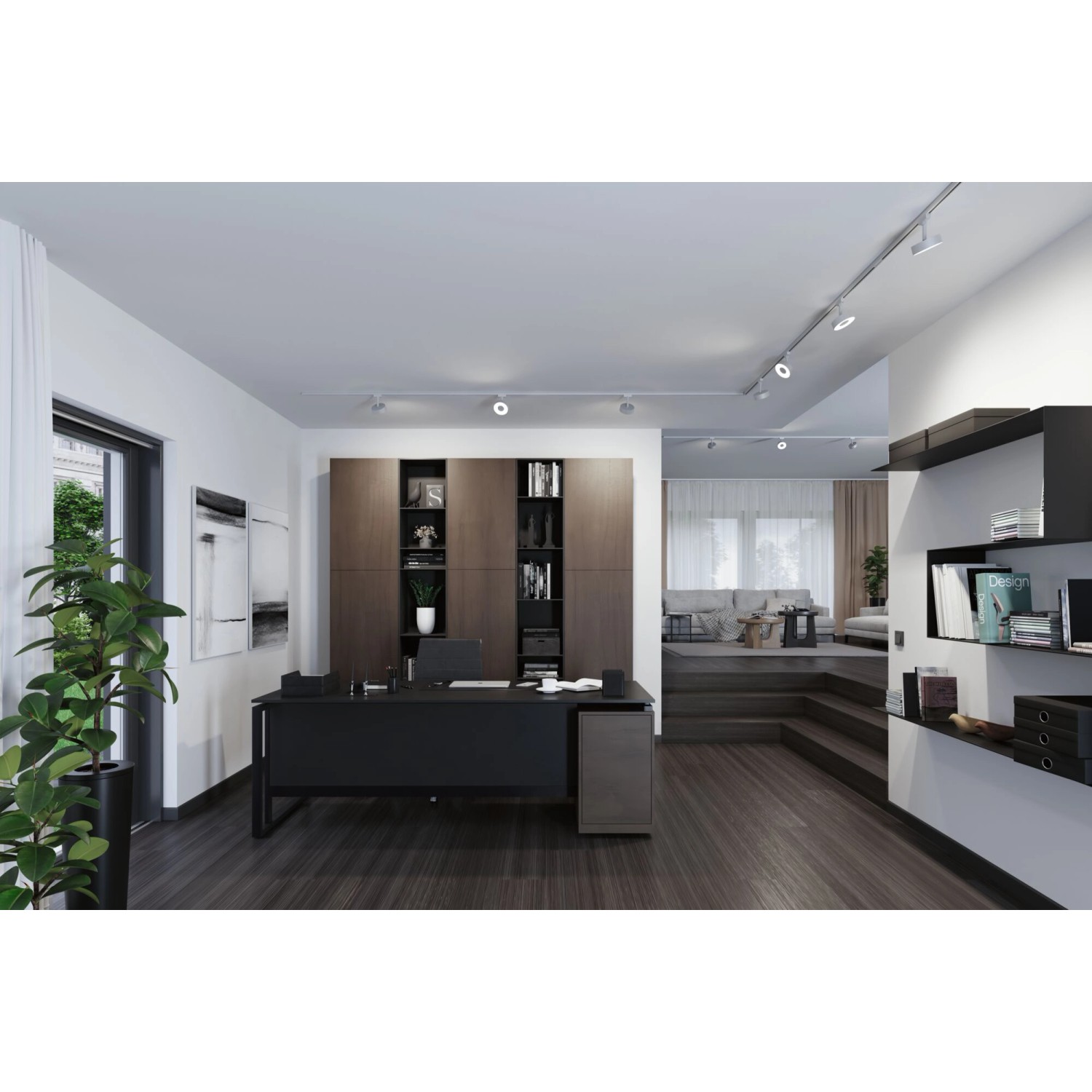 Urail Schienensystem mit LED Spots Circle in Chrom Matt, 4000K, im modernen Büro.