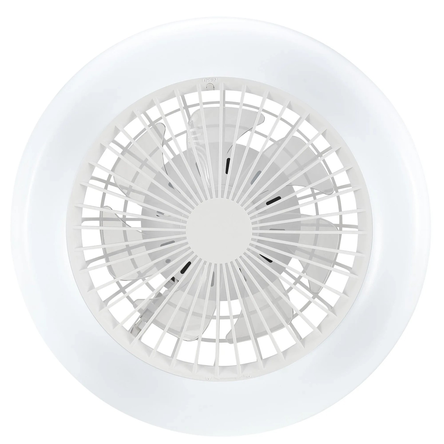 Weiße LED-Deckenleuchte Montero mit Ventilator, Ø 42 cm. Moderne Deckenlampe mit integriertem Ventilator.