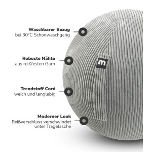 Grauer mokebo Sitzball aus Cord, ergonomisch für Büro & Sport. Pezziball mit Tragegriff.