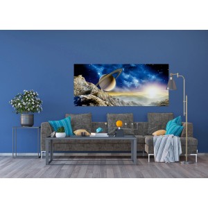 Sanders & Sanders Fototapete Universum Beige/Blau (202x90cm) im Wohnzimmer.