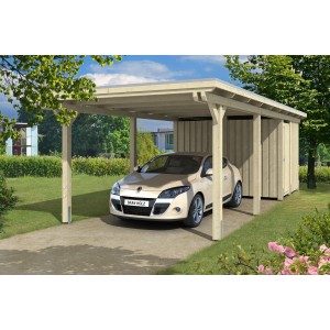 Skan Holz Einzelcarport Emsland mit Abstellraum und Auto. Holzcarport mit Flachdach.