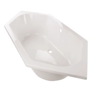 Weiße Calmwaters Sechseck-Badewanne 190x90 cm mit Wannenträger und Ablaufgarnitur.