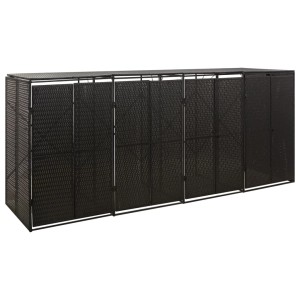 Schwarze vidaXL Mülltonnenbox für 4 Tonnen aus Poly Rattan, 274x80x117 cm.