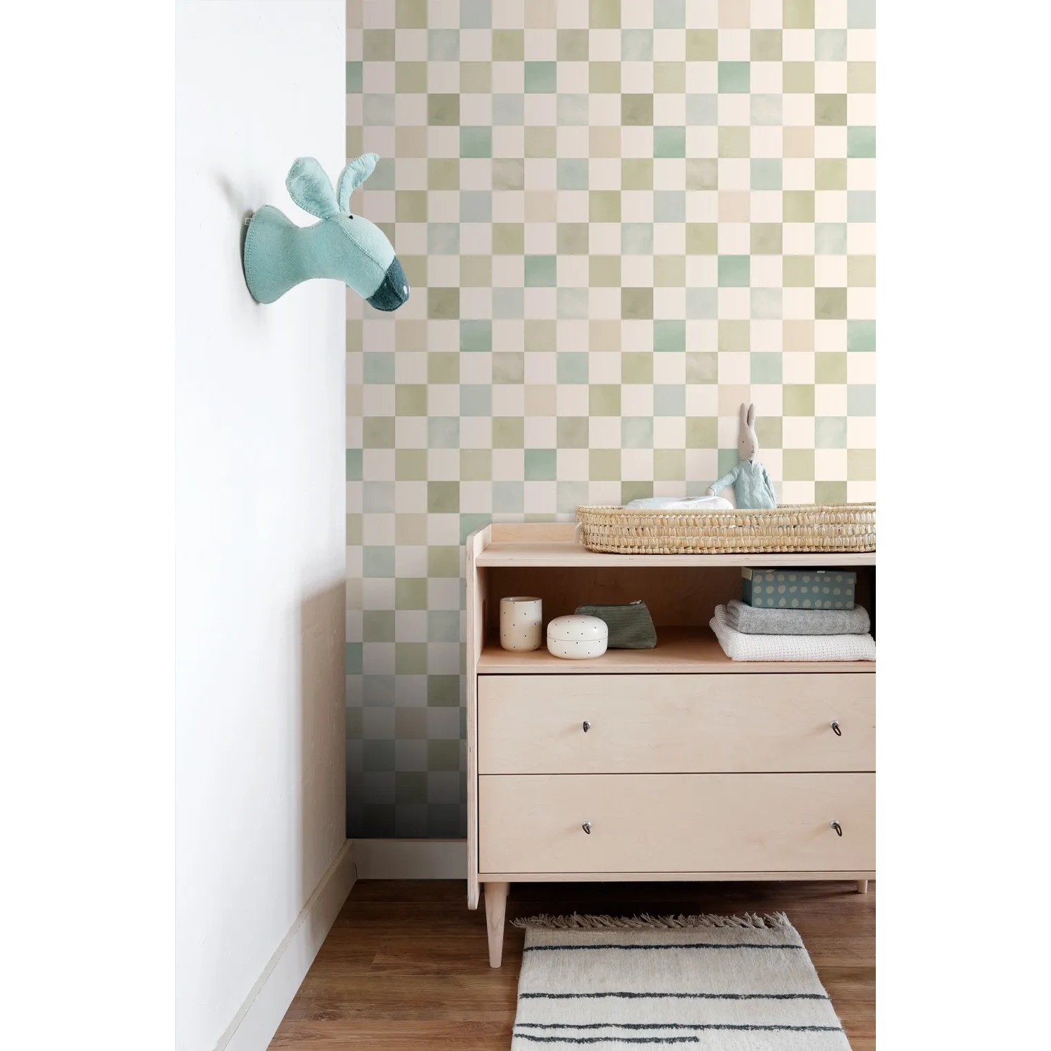 ESTAhome Vliestapete mit Karomuster in Beige, Blau, Grün. Dekorative Tapete mit Farbverlauf an der Wand im Kinderzimmer.