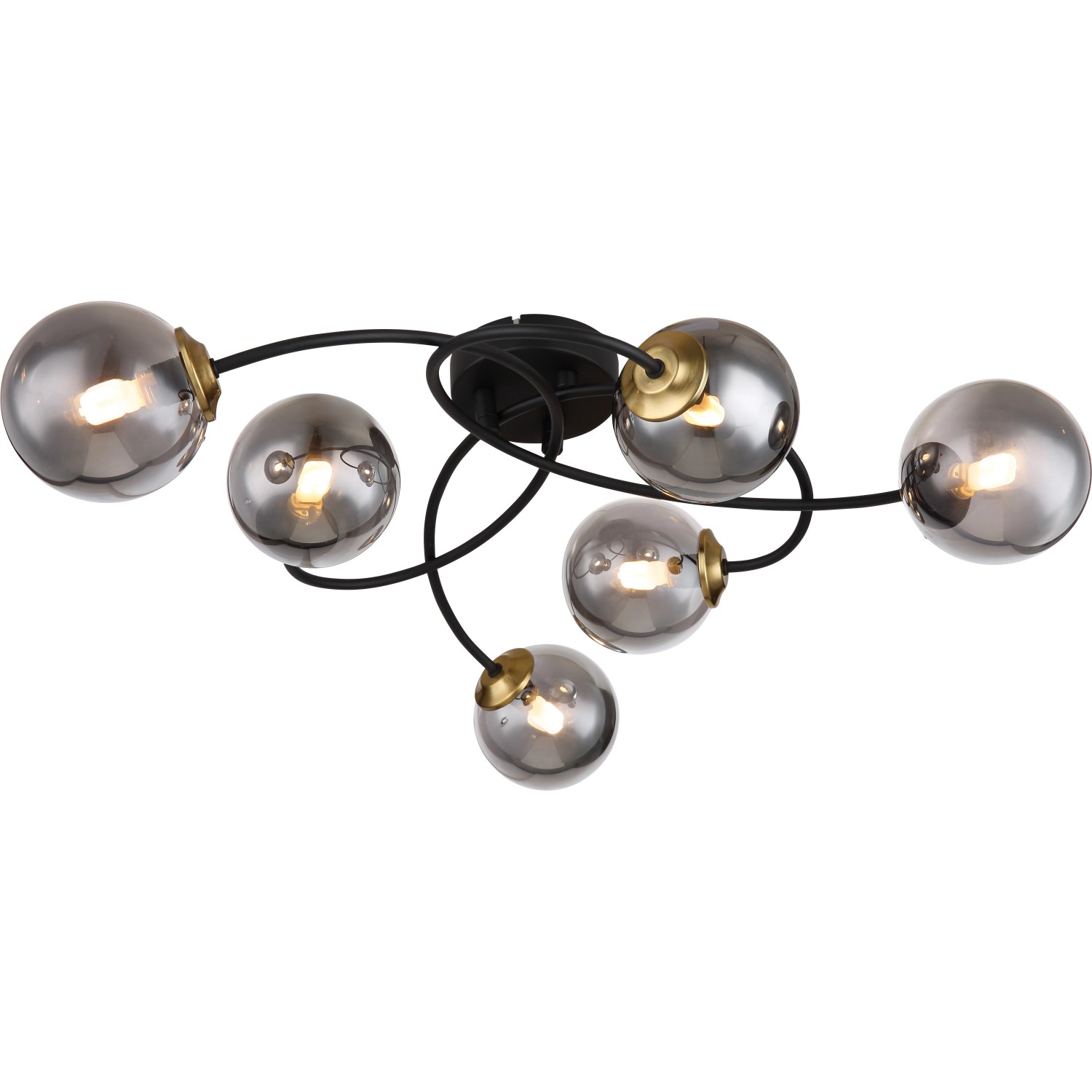 Moderne, 6-flammige Globo Deckenleuchte Jorge in Schwarz matt mit rauchfarbenen Glasschirmen.