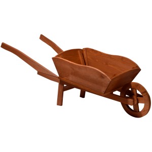 Große, dunkelbraune Pflanz-Schubkarre aus Holz für Garten und Balkon.