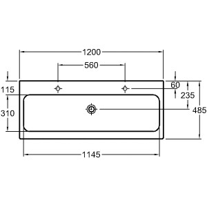 Technische Zeichnung: Geberit iCon Waschbecken, 120 cm, Weiß, mit zwei Hahnlöchern. Einbauwaschbecken mit Maßen.