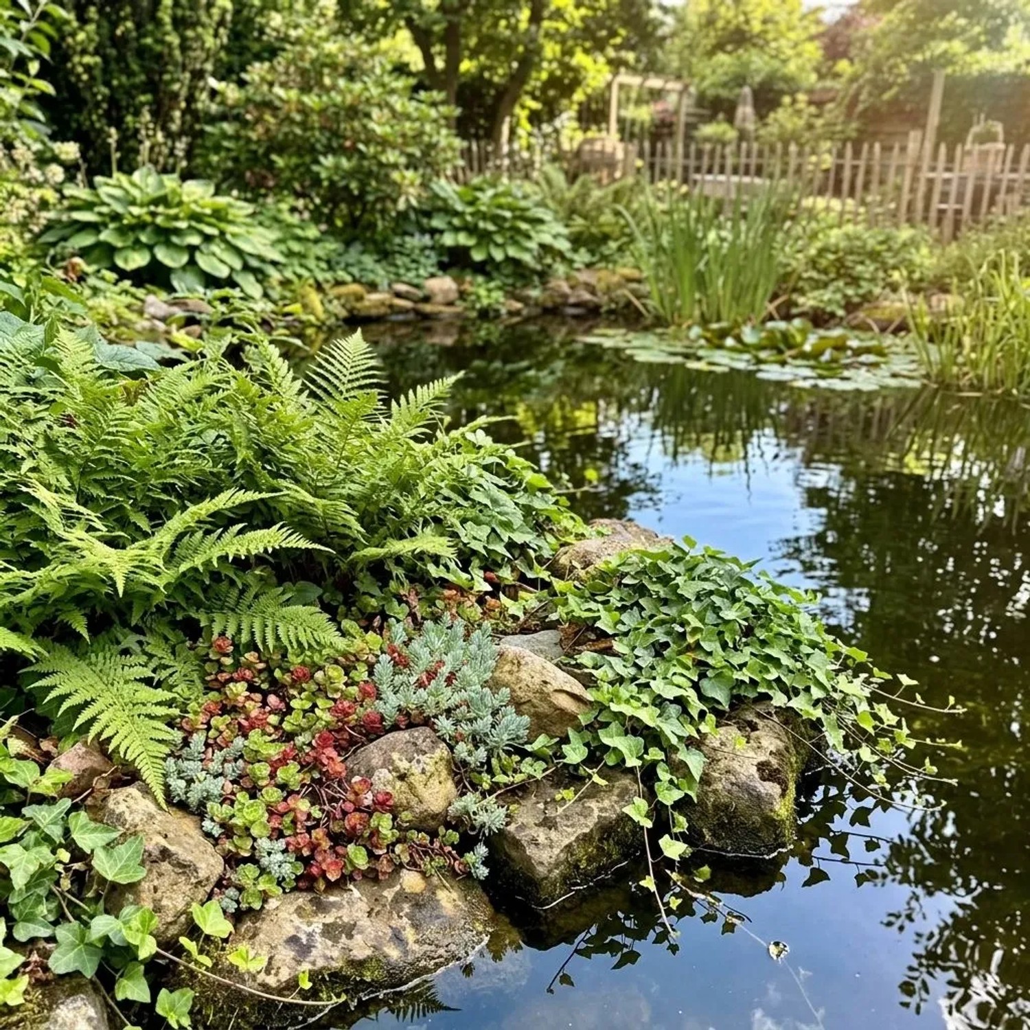 Üppige Teichrandbepflanzung mit grünen Farnen, rötlichem Sedum und Efeu auf Steinen. Ideal als Bodendecker für den Garten.