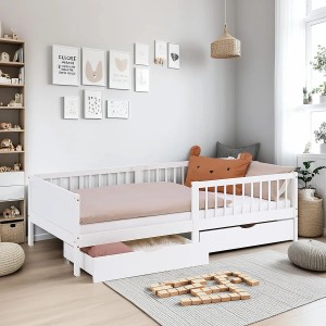 Homestyle4u Kinderbett 90x200 mit Matratze 2 Bettkästen Rausfallschutz Weiß 3096