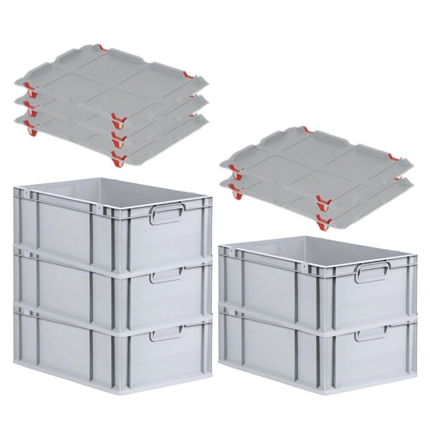 PROREGAL SparSet 5x Eurobox NextGen Grip mit Auflagedeckel mit 4 Roten Schiebeschnappverschlüssen HxBxT 22 x 40 x 60 cm ...
