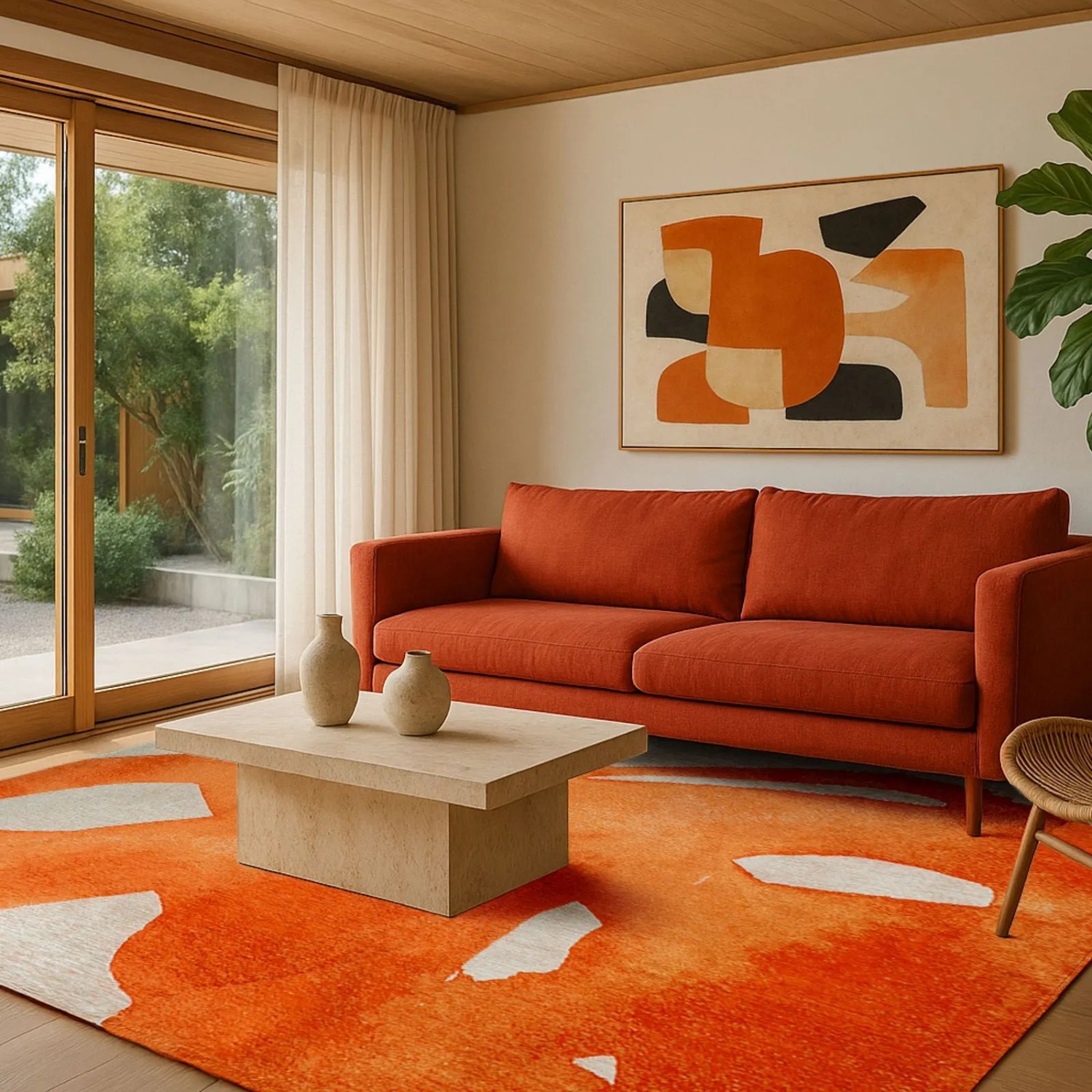 Lola&Moi Teppich Orangeade Gold, 240x340cm, mit abstraktem Muster in Orange und Weiß im Wohnzimmer.