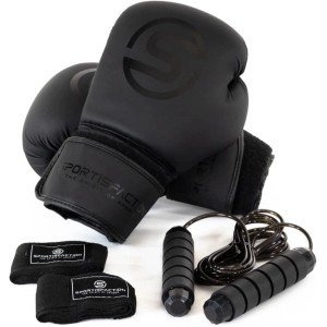 Schwarzes Sportisfaction Boxhandschuh-Set (8oz) mit Bandagen und Springseil aus PU-Leder.